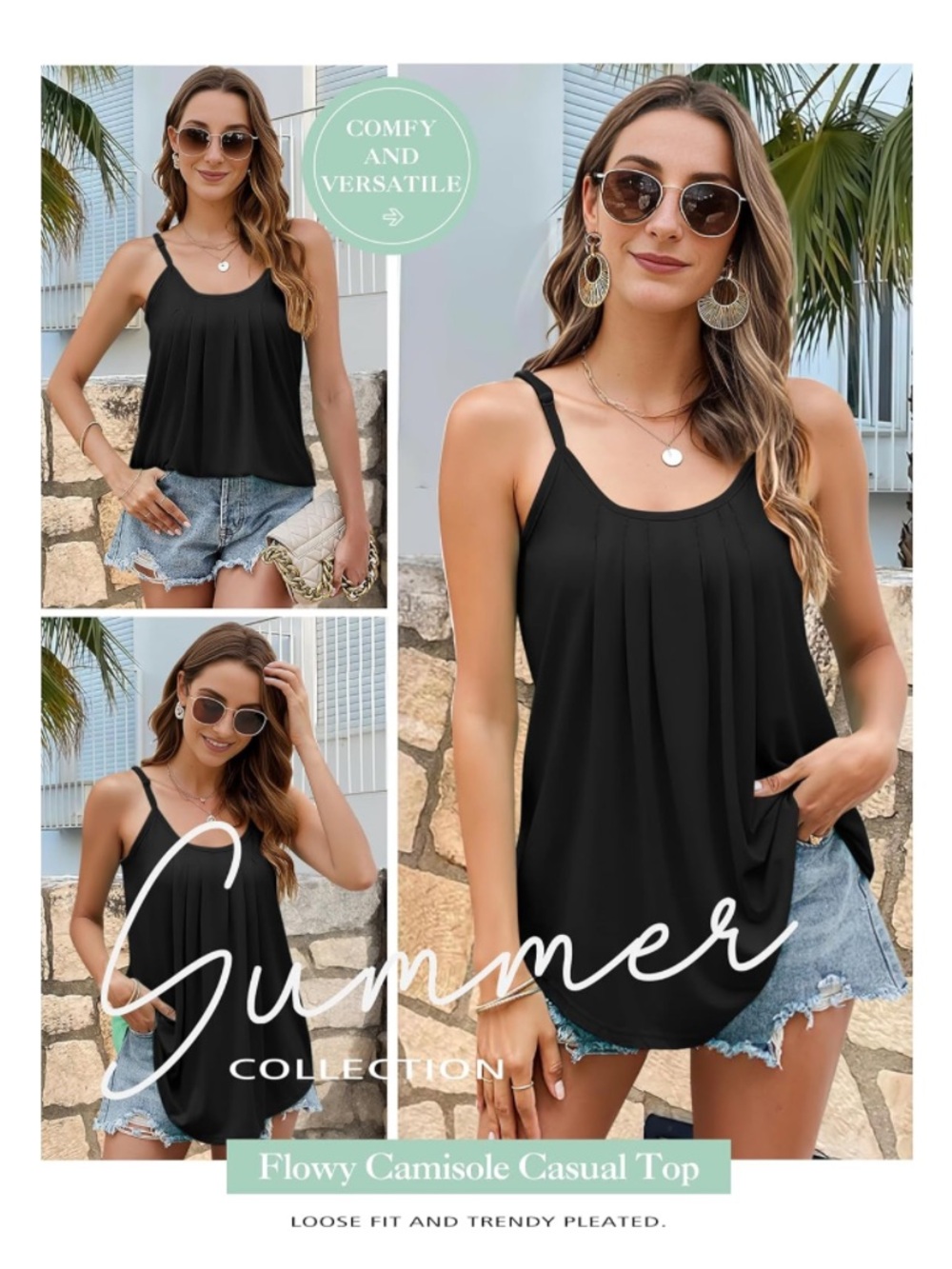 AURUZA Pleated Spaghetti Strap Camisole Loose Fit Scoop Neck Tank Top - Medium